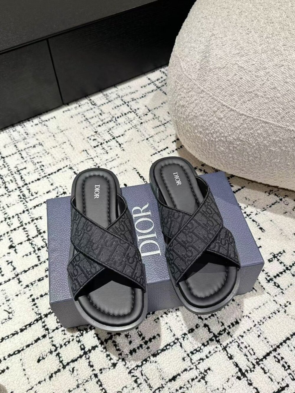 Dior Black Logo Print Cross‑Strap Open Toe Slide Sandals